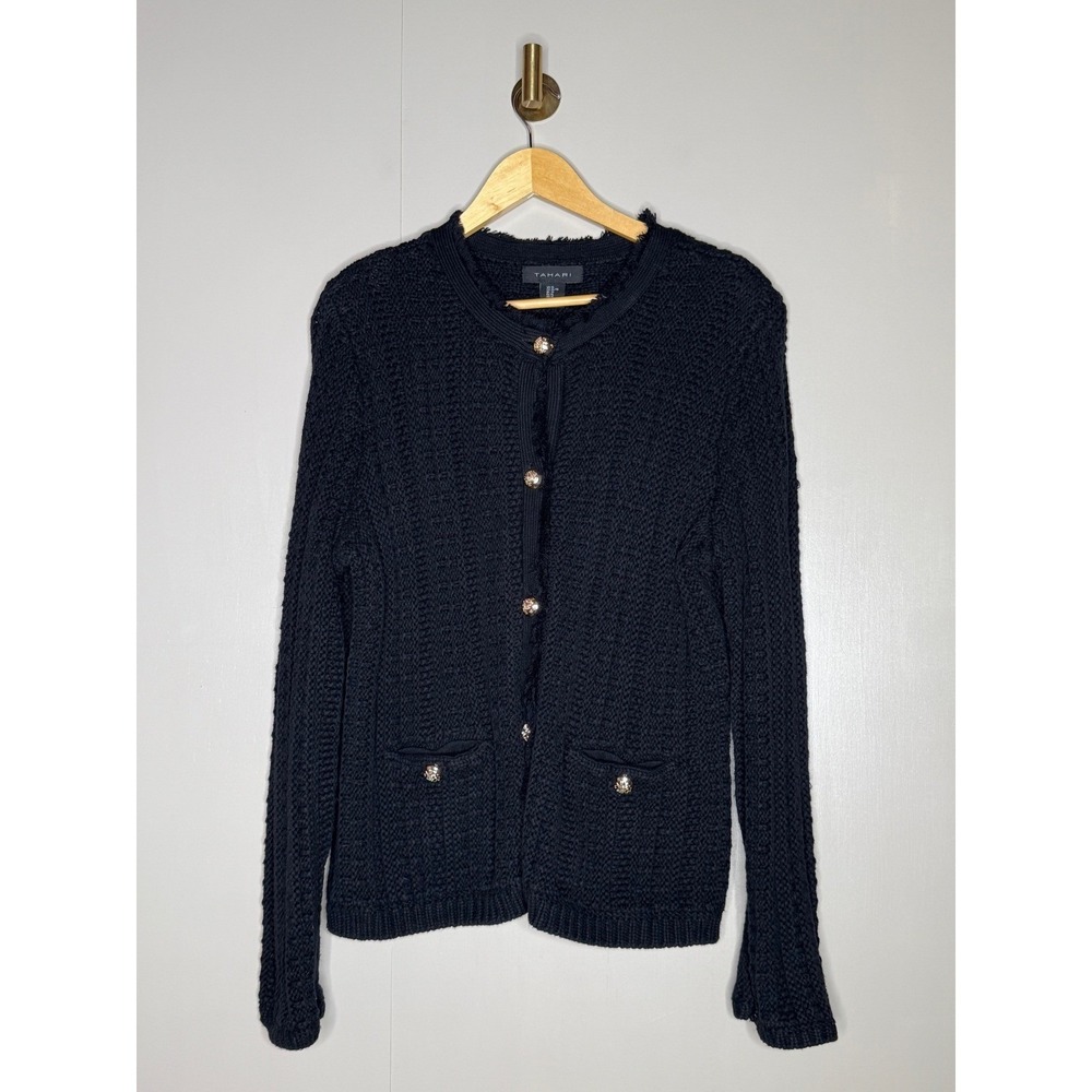 TTahari Black Textured Knit Cardigan Jacket Gold Crest Buttons Preppy - Picture 2 of 9